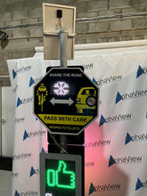 Load image into Gallery viewer, Ice Warning Sign - 'Pass with care' cyclist safety sign with Icy conditions early warning function